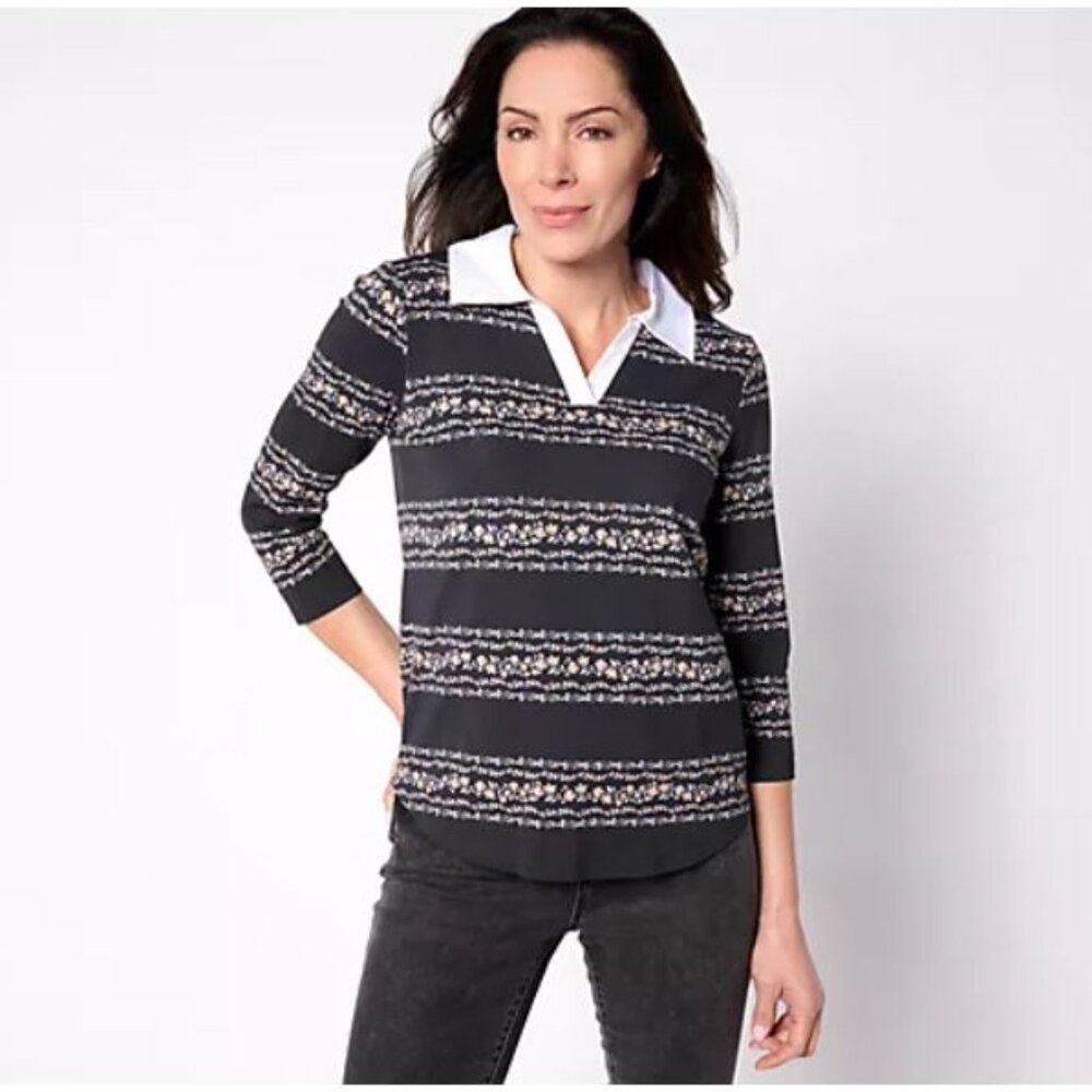 Isaac Mizrahi Live! Printed Floral Stripe 3/4 Sleeve Top w/ Poplin Trim-Black, M